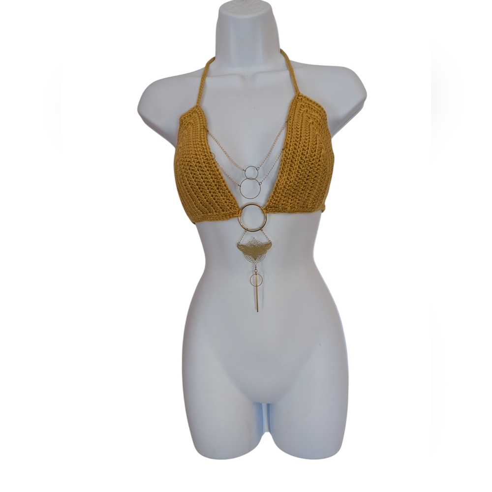 Crochet mustard halter top with chains
